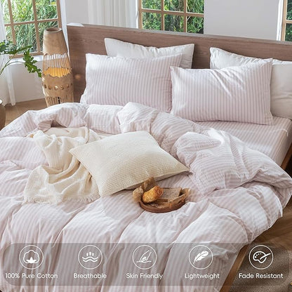 MooMee Striped Duvet Cover Set 100% Washed Cotton Linen Like Textured Breathable Durable Soft Comfy (Heathered Greyish Pink Classic Stripes, Twin 68"x90")