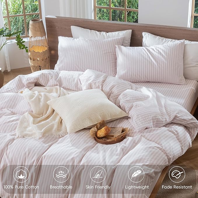 MooMee Striped Duvet Cover Set 100% Washed Cotton Linen Like Textured Breathable Durable Soft Comfy (Heathered Greyish Pink Classic Stripes, Oversized Full 82"x86")