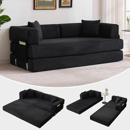 Garvee 5-in-1 Convertible Sofa Bed, 78.8" Modular Corduroy Sleeper with Sturdy Frame & No Assembly, Multi-Functional Futon for Small Space, Living Room & Guest Room (Black)