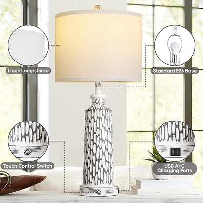 QiMH Table Lamp for Living Room,Bedside Lamps for Bedroom Set of 2 with USB A+C Ports,3-Way Dimmable Touch Control, Modern Coastal White Grey Resin Nightstand Lamp, Included 2700K LED Bulbs
