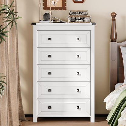 Dresser for Bedroom with 5 Drawers, Tall Wood Chest of Drawers, Modern Farmhouse Closet Clothes Organizer, Storage Tower Cabinet with Metal Handles for Hallway, Living Room, Entryway, White