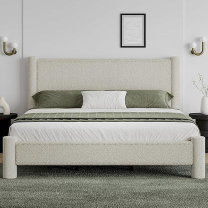 California King Size Bed Frame, Boucle Bed Frame with Headborad, Soft Upholstered Platform Bed Frame with Rounded Corners, No Box Spring Required, Easy Assembly, Cream