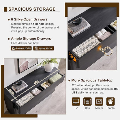 ACCOHOHO Modern 6 Drawer Dresser for Bedroom, 52" Wide Wooden Dressers with Large Storage,Handleless Chest of Drawers TV Stand for Living Room & Hallway, Curved Profile Design, Black