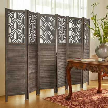 Svimi Folding Room Divider, 66.9 Inch 6 Panels Wood Carved Privacy Screens, Free Assembled Freestanding Portable Separation Wall for Home Office Restaurant Bedroom (Gray)