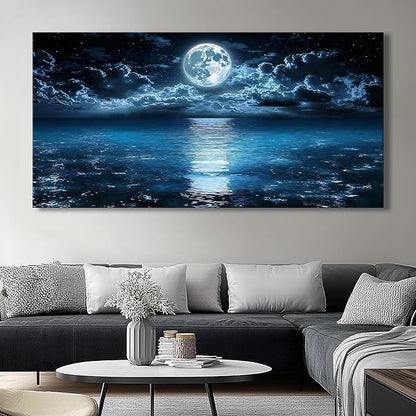 Big Moon Canvas Wall Art - Modern Seascape Paintings for Living Room, Bedroom Wall Decor, Framed Wall Art for Home or Office Decoration, Large Art 60x120cm(24x48in)