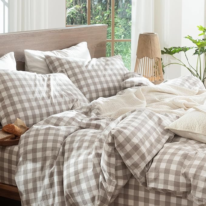 MooMee Gingham Duvet Cover Set 100% Washed Cotton Linen Like Textured Breathable Durable Soft Comfy Modern Checkered Design (Buffalo Plaid Tannish Linen Grey, Queen 90"x90")