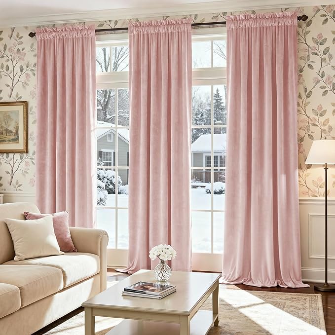 Lazzzy Velvet Blackout Curtains Thermal Insulated Room Window Drapes Super Soft Luxury Curtains for Living Room Bedroom Rod Pocket 2 Panels, Dusty Pink, 52" W x 102" L