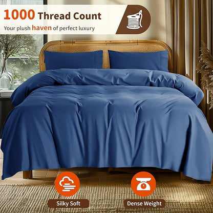 LBRO2M 1000 Thread Count 100% Egyptian Cotton Sheets Set Twin XL, 3 Piece Sets Bed Sheet Deep Pocket Sheet Set 16" Soft Comfortable All Season (Twin XL, Navy Blue)