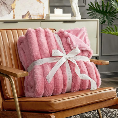 Cozy Bliss Faux Fur Throw Blanket for Couch, Cozy Warm Plush Striped Blanket for Sofa Bedroom Living Room, 60 * 80 Inches Hot Pink