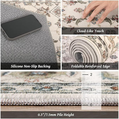 Washable 6x9 Area Rugs for Living Room, Boho Non-Slip Vintage Distress Large Rugs for Bedroom Dining Room Nursery Office, 0.3" Neutral Oriental Throw Thin Carpet, Beige/Rust/Green/Multi