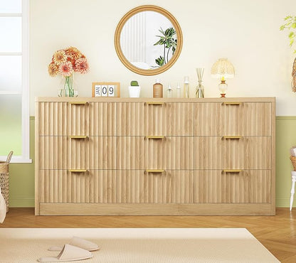 TEENFON Fluted Dresser for Bedroom with 9 Drawers, 63" Wide Modern Chest of Drawers with Metal Handle & Curved Profile Design, Wood Closet Clothes Storage Organizer for Living Room, Hallway, Natural