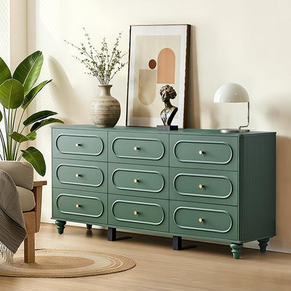 9 Drawer Fluted Dresser for Bedroom, Mid Century Modern Chest of Drawers, Wood Storage Small Dresser Organizer for Bedroom Living Room Hallway Closet, Green