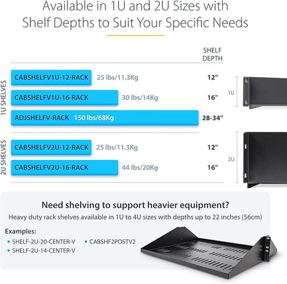 StarTech.com 2U Rack Shelf, 12" Mounting Depth, Vented Cantilever Tray for 19" AV/Network Equipment, 25lb Capacity, for Small Office/Home Office