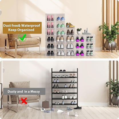 10 Pack Extra XX Large Hard Plastic Clear Stackable Shoe Storage Box Organizer for Closet, Thicken Sturdy Sneaker Shoe Rack Display Case Containers Bins with Lids and Magnetic Door, Clear