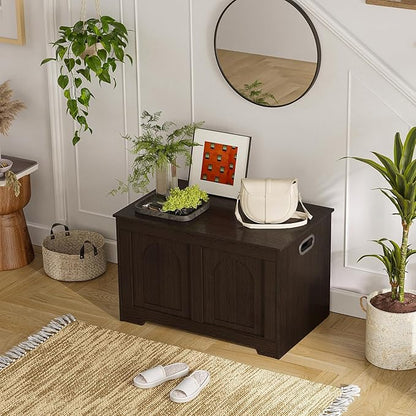 DINZI LVJ Storage Chest, 31.5”Wooden Toy Box with 2 Safety Hinges, Entryway Storage Bench with Flip-Top, Sturdy Storage Trunk for Living Room, Bedroom, Easy Assembly, Espresso