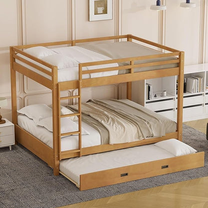 Bellemave Queen Over Queen Size Bunk Bed with Trundle for Kids/Adults,Solid Wood Bunk Bed Frame Queen Size with Ladder & Safety Guardrails,Wood Color