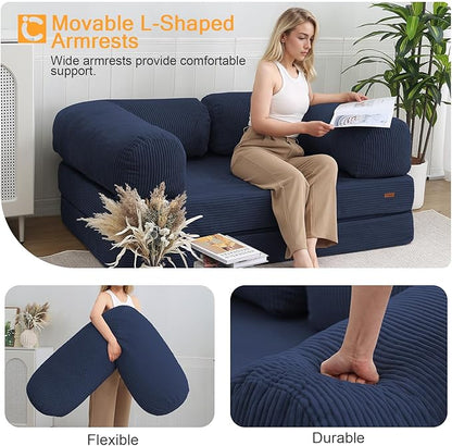 COMAX Futon Sofa Bed, 4-in-1 Floor Foldable Sofa Couch Bed Queen with L-Shaped Armrests, Convertible Folding Chair Bed Sleeper Mattress Fold Out Comfy Lounge for Living Room Bedroom, Dark Navy Blue