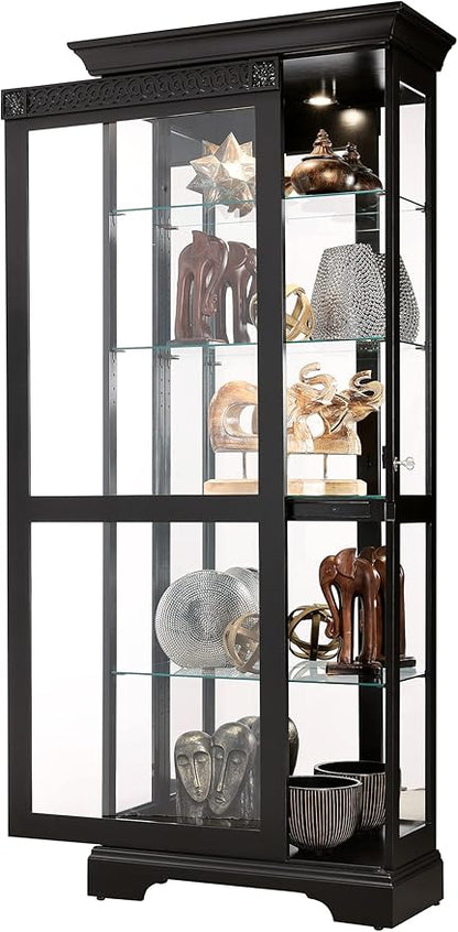 Howard Miller Brigid II Curio Cabinet – Premium Black Finish Illuminated Display Cabinet for Collectibles with Sliding Glass Door Adjustable Shelves Mirrored Back andSecure Key Lock