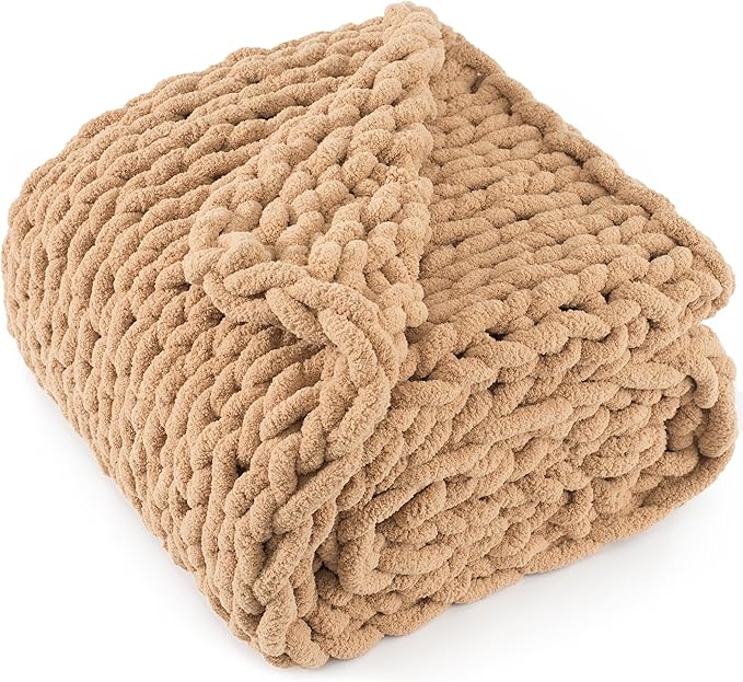 Chunky Knit Throw Blanket 60"X 80", 100% Handmade with Soft Chenille Yarn, 6.7lbs Thick Cable Knitted Blankets, Large Rope Knot Crochet Throws for Couch Sofa Bed Home Decor, Tan Brown