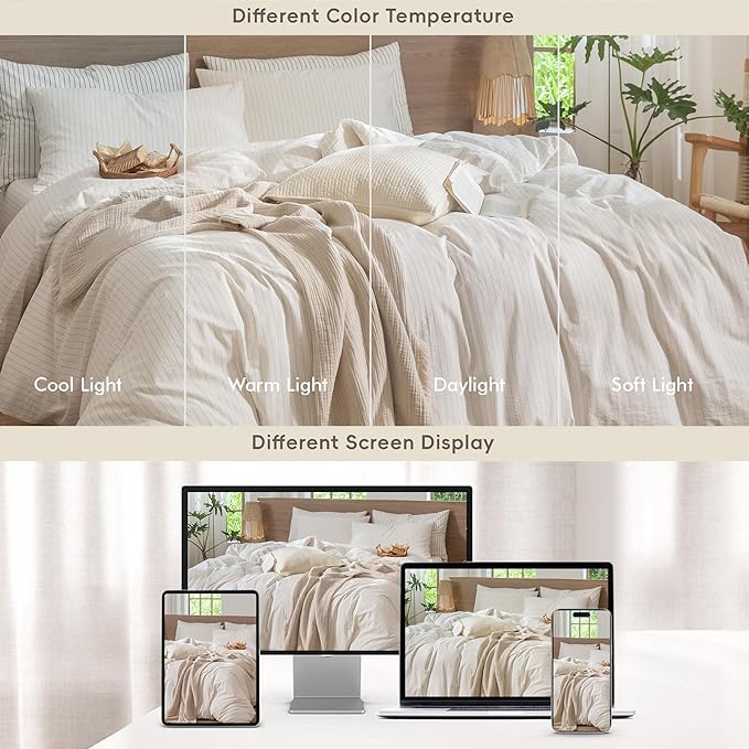 MooMee Striped Duvet Cover Set 100% Washed Cotton Linen Like Textured Breathable Durable Soft Comfy (White Almond Milk Grey Wide Stripes, Alaska King 132"x120")