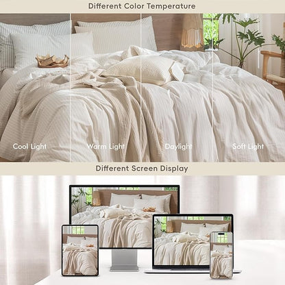 MooMee Striped Duvet Cover Set 100% Washed Cotton Linen Like Textured Breathable Durable Soft Comfy (White Almond Milk Grey Wide Stripes, Alaska King 132"x120")