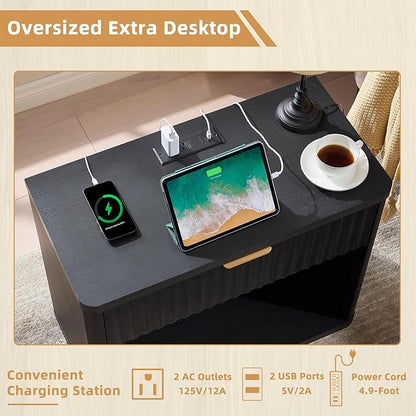 LEYAOYAO 31" Wide Fluted Nightstand Set of 2 with Charging Station, Oversized Extra Large 1 Drawer Night Stand with Golden Handle, Black Wood Bedside Table Tall End Tables,for Bedroom, Living Room