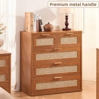 LEYAOYAO Rattan Dresser for Bedroom Set of 2, 33.5" Tall Chest of Drawers, Modern 5 Drawers Boho Dressers with Storage, Vintage Brown Dresser Wooden Closet Organizer for Living Room, Hallway