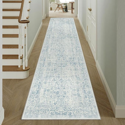 Blue Runner Rug 3x8 Hallway Machine Washable Kitchen Vintage Distressed Non Slip Long Carpet Indoor Retro Floral Bedroom Accent Throw Rug for Bathroom Office Laundry Dining Room