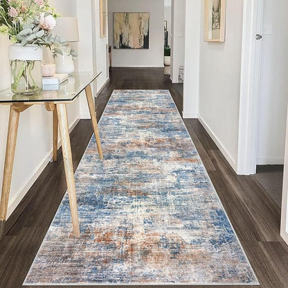 IOHOUZE Abstract Runner Rug 3x10 Ft Washable Runners for Hallways, Non Slip Kitchen Runner Printed Faux Wool Entryway Runner Indoor, Modern Abstract Floor Carpet for Hall Bedroom, Blue Rust