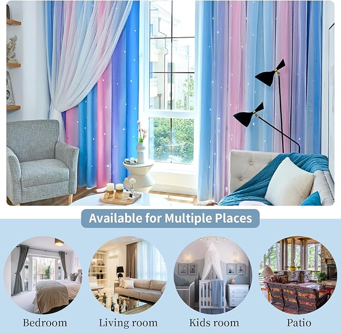 Star Blackout Curtains for Bedroom - Cute Kids Rainbow Curtains, 84 Inch Long 2 Panels, Blue, Purple & Pink, 42 x 84 Inches