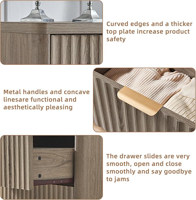 LEYAOYAO 48" Wide Fluted Dresser and 3 Drawers 23" Nightstand Set of 2, Wooden Dresser & Night Stand with Charging Station, 3 Piece Bedroom Furniture Set, Chest of Drawer for Living Room,Grey