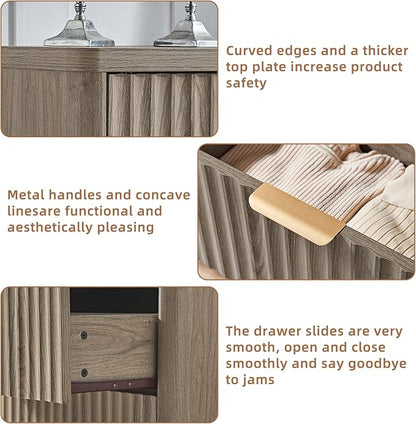 LEYAOYAO 48" Wide Fluted Dresser and 1 Drawers 23" Nightstand Set of 2, Wooden Dresser & Night Stand with Charging Station, 3 Piece Bedroom Furniture Set, Chest of Drawer for Living Room,Grey