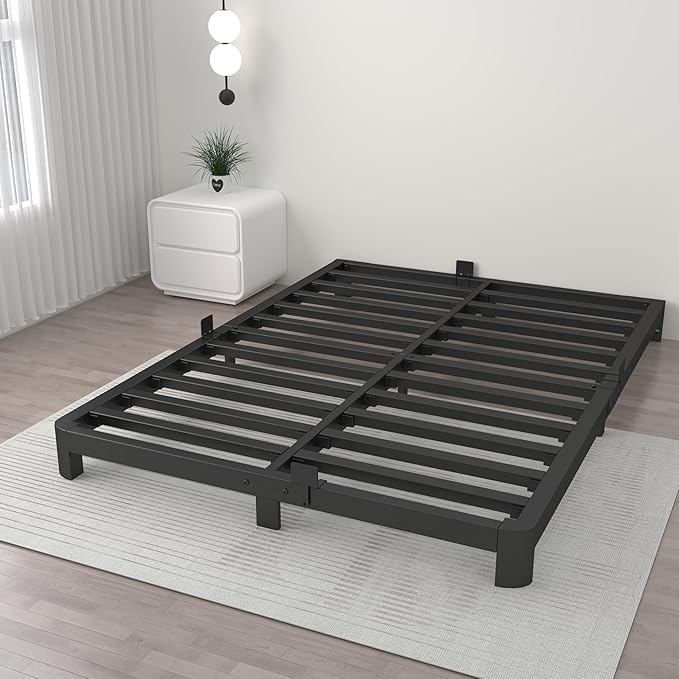 ITIMIDI 4 Inch Queen Bed Frame No Box Spring Needed, Platform Bed Frame with Metal Gaskets, Heavy Duty Steel Slat Support, Anti-Slip Mattress Stopper, Round Corner Leg, Easy Assembly, Black