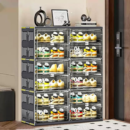 24 Pairs Portable Shoe Storage Cabinent of 3-Step Fast Installation,Plastic Shoe Box with Magnetic Clear Door for Entryway, Enclosed Shoe Rack for Sneaker, Heels etc.. (2Row, 6Tier)