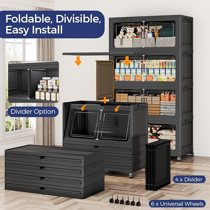 160GAL Storage Bins with Lid and Wheels, Stackable Closet Organizers and Storage Drawer, Collapsible Storage Box with Dividers, Foldable Plastic Cabinets for Room, Kitchen, 4 Pack Black