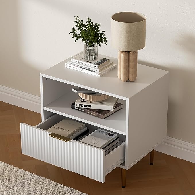 White Nightstand Set of 2, Modern Nightstand with Drawer, End Table with Storage, Bed Side Table with Open Space for Bedroom, Living Room, White