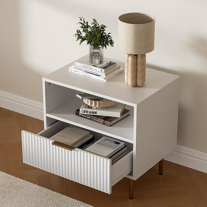 White Nightstand Set of 2, Modern Nightstand with Drawer, End Table with Storage, Bed Side Table with Open Space for Bedroom, Living Room, White
