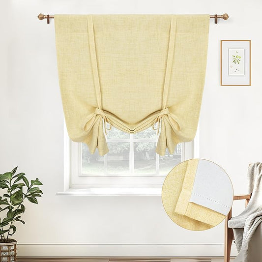 DriftAway Double Layer Linen Blackout Tie Up Curtains Thermal Insulated Fully Lined Balloon Roman Shade Bathroom Window Adjustable Rod Pocket for Small Window 39 Inch by 55 Inch Yellow