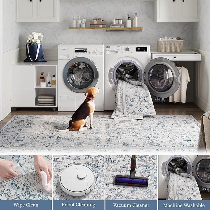 jinchan Lima Runner Rug 2x5 - Vintage Hallway Machine Washable Rug Floral Non Slip with Rubber Backing Ultra-Thin Carpet Runner for Kitchen Bedroom Laundry Room Farmhouse Entryway (2x5ft, Blue)