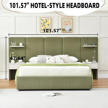 Queen Bed Frame with Storage & Built-in Nightstands, Velvet Upholstered Platform Bed Frame with Drawers & 2 Floating Storage Shelves, Noise-Free, No Box Spring Needed, Easy Assembly, Green