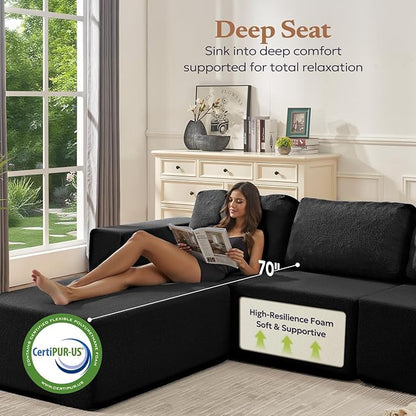 67" Loveseat Sofa, Cloud Modular Couch, Upholstered Floor Sofa with Deep Seat, Upholstered Foam Sofa for Bedroom Living Room, No Assembly Required (Black, Teddy Boucle)