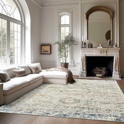 5x7 Area Rugs Blue Ivory Low Pile Indoor Washable Trendy Faded Style Rugs for Bedroom Living Room Dining Room Foldable Non-Slip Thin Print Mat