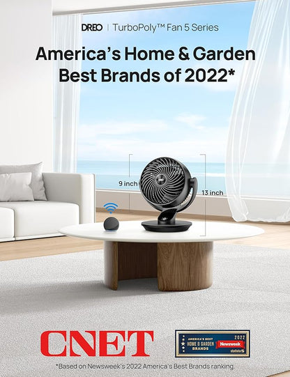 Dreo Smart Fan for Bedroom,120° Vertical and 90° Oscillating Fan with Remote/Voice, 13 Inch Height Quiet Air Circulator for Whole Room, 70 ft, 4 Speeds, 5 Modes, 12H Timer, Desk Fans for Home，Black