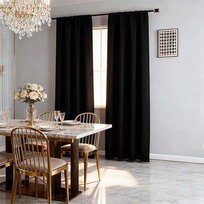 Black Blackout Curtains 96 Inch Length 2 Panels Set, Black Out Curtains for Bedroom 96 Inch Long, Rod Pocket Energy Saving Room Darkening Drapes for Living Room Window(W52 x L96)