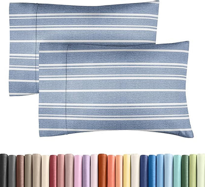Queen Pillow Cases Set of 2 - Ultra Soft Hotel Quality Pillowcase Covers - Comfy, Cozy & Wrinkle Free - Shrinkage and Fade Resistant - Machine Washable Pillow Protectors - 2 Piece Set - Blue Stripes 3