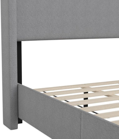 EMMA + OLIVER Nora Twin Size Faux Linen Upholstered Platform Bed with Plush Padded Wingback Headboard (No Box Spring Needed), Modern Upholstered Headboard Twin Bed Frame, Gray