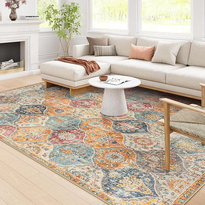 Lahome Moroccan Washable Area Rugs 8x10, 8x10 Rugs for Living Room Bedroom, Ultra-Thin Oriental Non-Slip Foldable Non Shedding Accent Large Carpet for Office Dining Room, Cream/Multi