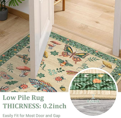 Mushroom 3x5 Area Rug Washable Non-Slip Small Indoor Rugs for Entryway with Rubber Back Soft Low-Pile Carpet for Kitchen Bedroom Living Room Mat Khaki Green