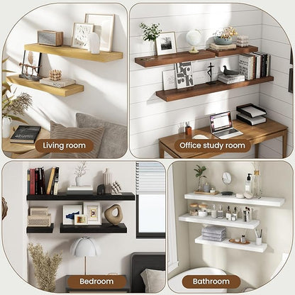 30 Inch Floating Shelves for Wall, 8 Inch Deep Floating Shelf for Storage & Display, Rustic Wall Mounted Shelf with Invisible Brackets for Living Room, Kitchen, Bathroom, Home Decor, Set of 2, Black