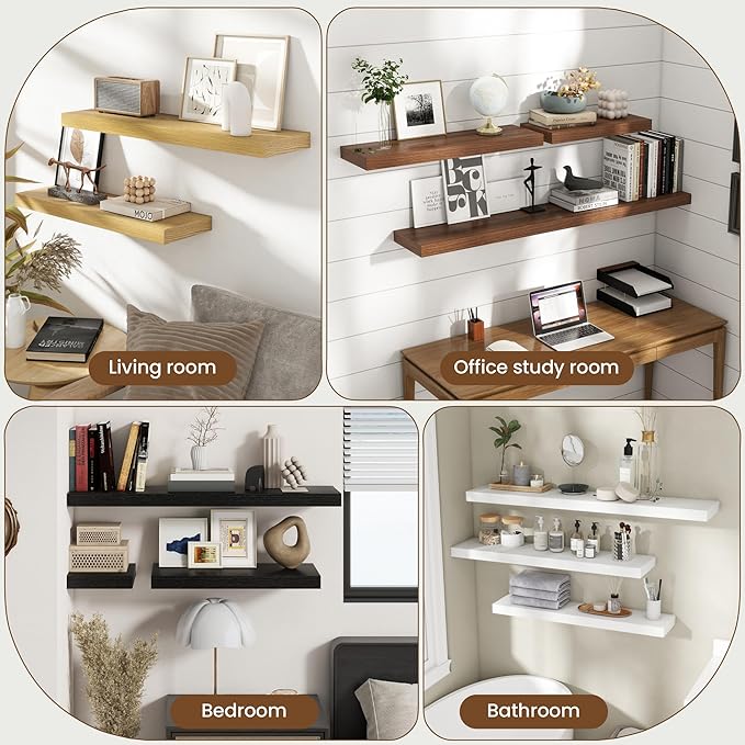 48 Inch Floating Shelves for Wall, 8 Inch Deep Floating Shelf for Storage & Display, Rustic Wall Mounted Shelf with Invisible Brackets for Living Room, Kitchen, Bathroom, Home Decor, Set of 2, Oak
